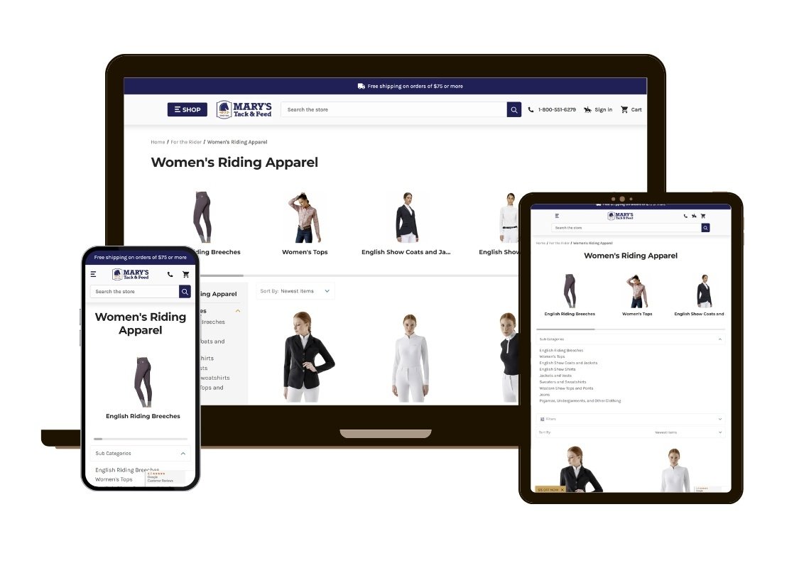 Responsive BigCommerce design mockup for Mary's Tack category page