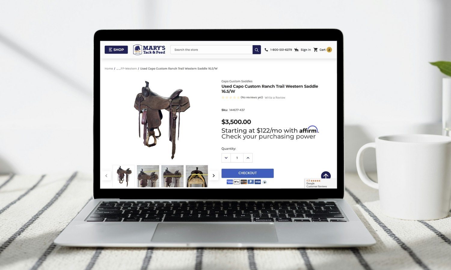 BigCommerce Design - Mary's Tack product page open on laptop sitting on white picnic table setting