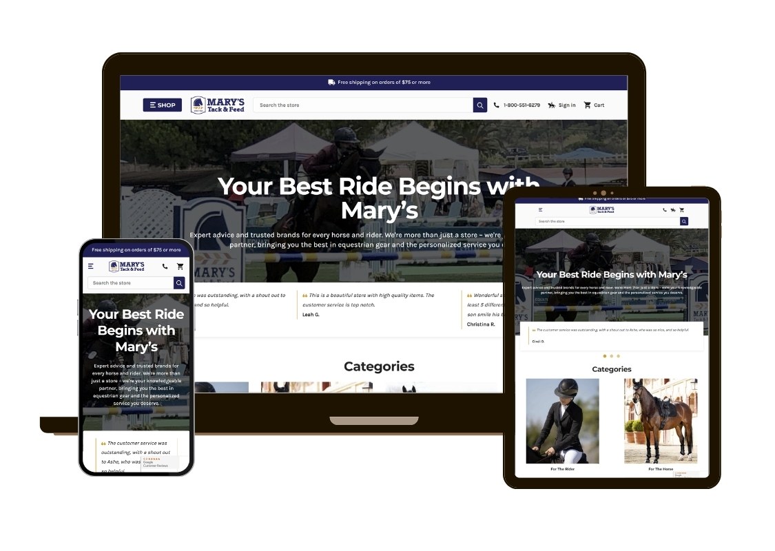 Responsive BigCommerce design mockup for Mary's Tack homepage