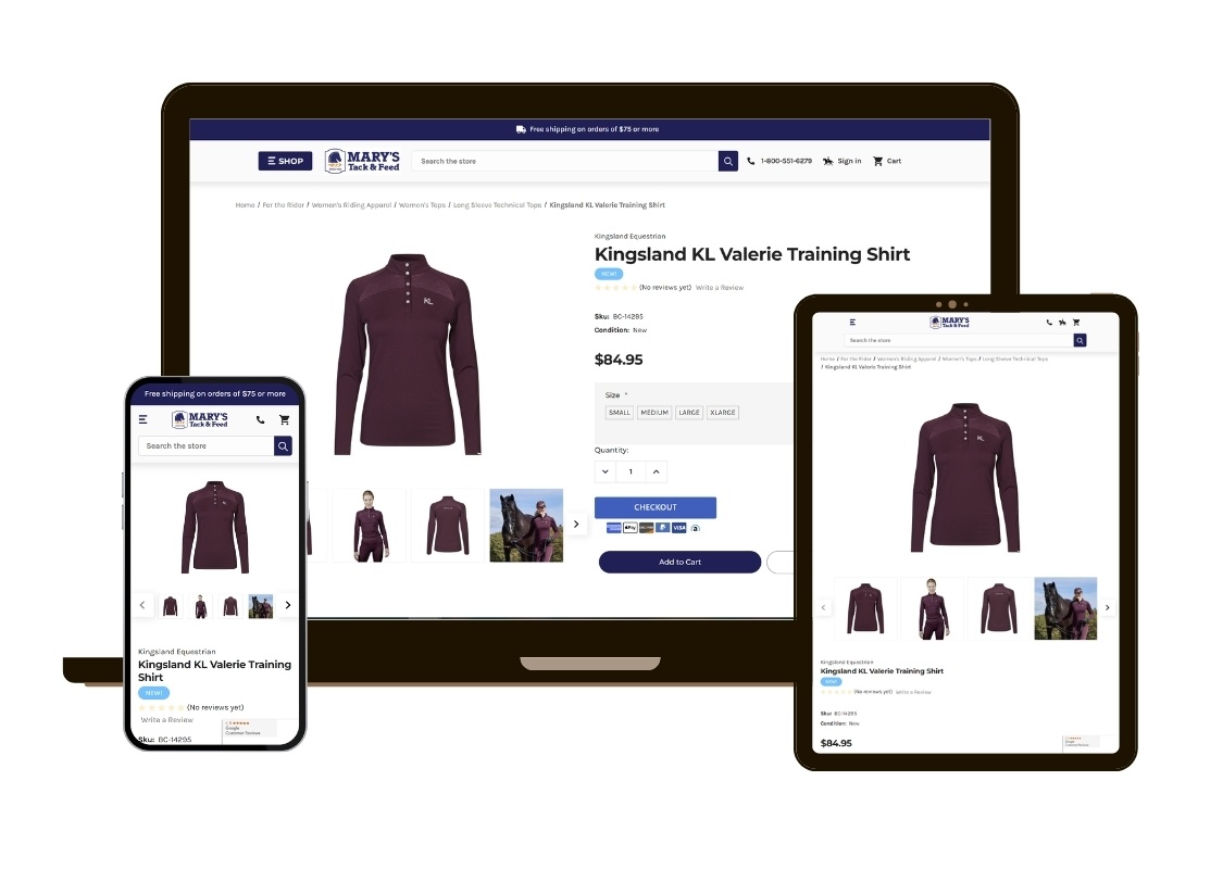 Responsive BigCommerce design mockup for Mary's Tack product page