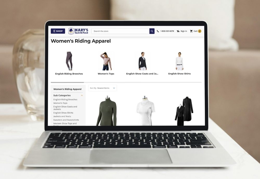 Women's Riding Apparel Category Page - Mary's Tack - Open on Laptop Screen - BigCommerce Design