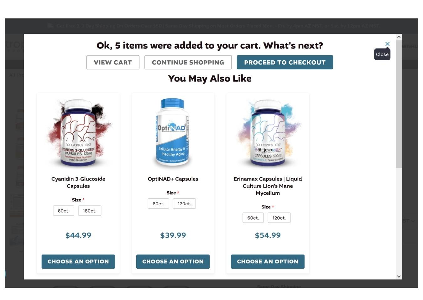 Add to Cart Upsell Feature for Nootropics.com - BigCommerce Design BigCommerce Development