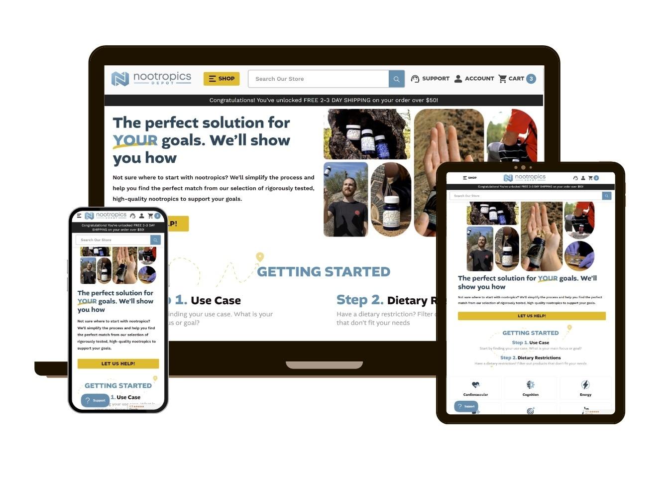 Multi device mockup with Nootropicsdepot.com homepage showing on screens