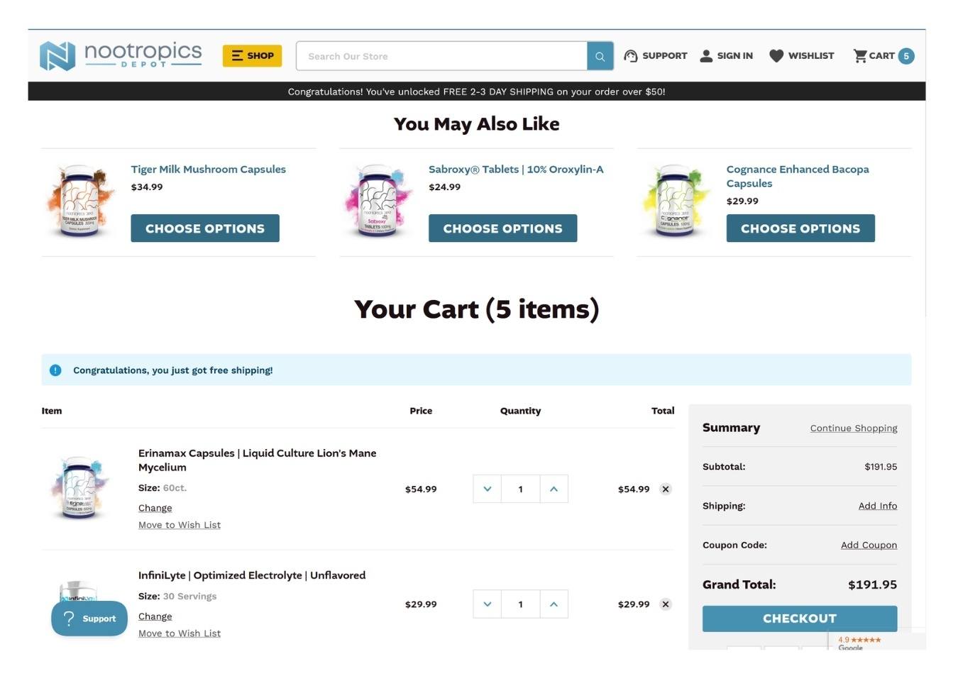 Cart Page Upsell Feature for Nootropics.com - BigCommerce Design BigCommerce Development