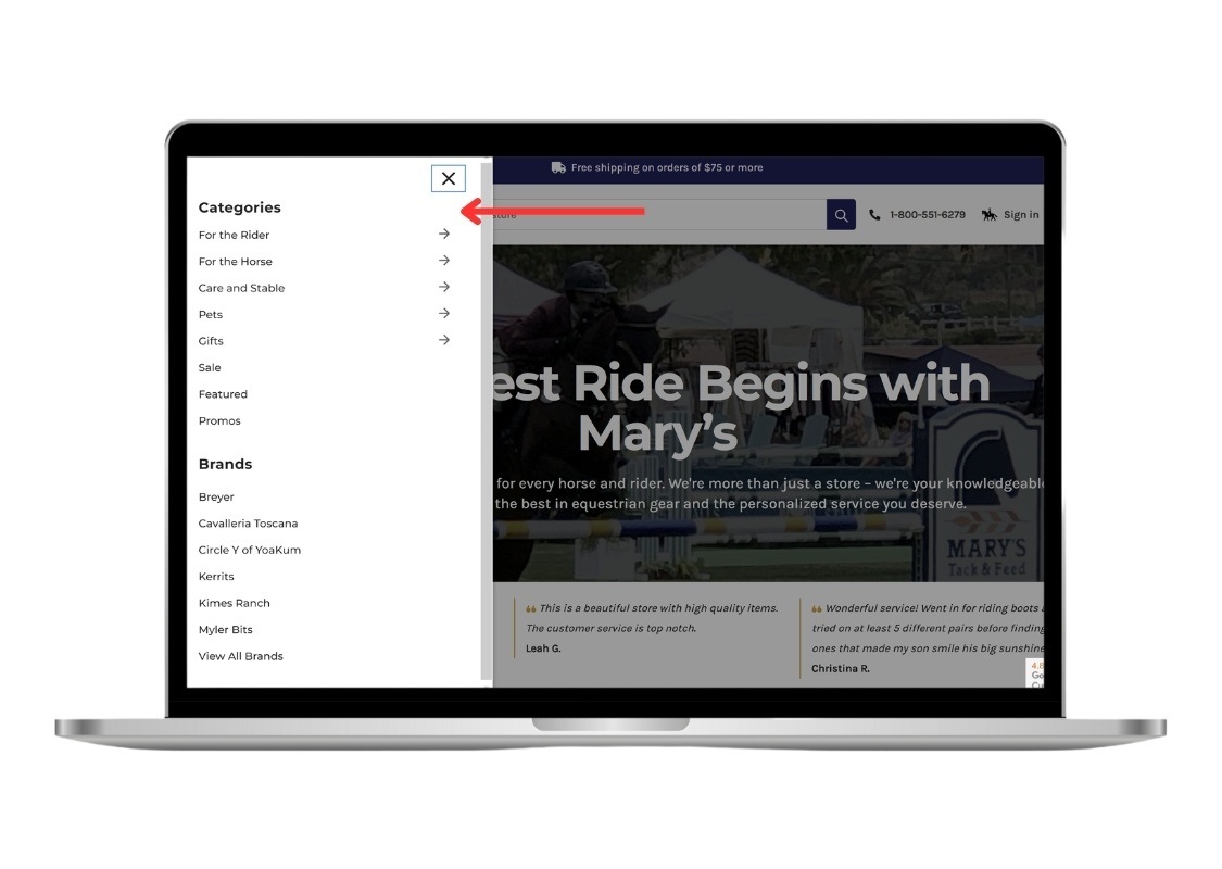 BigCommerce Slide Out Menu for Mary's Tack on Laptop screen - BigCommerce Design