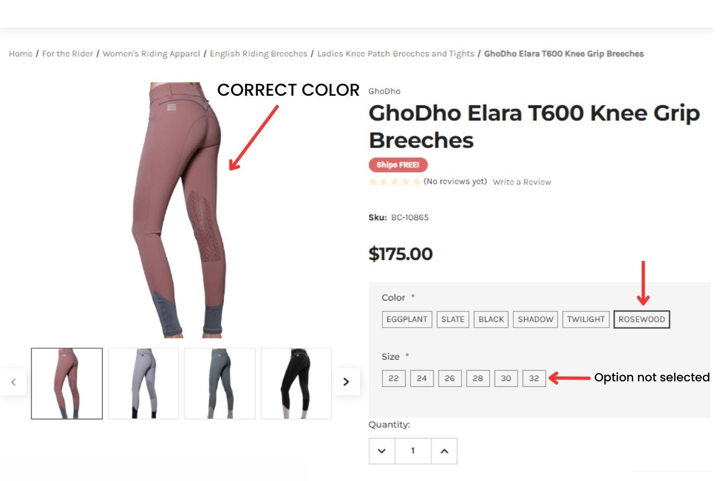 BigCommerce Product Page preview showing with correct preview image showing - color option selected