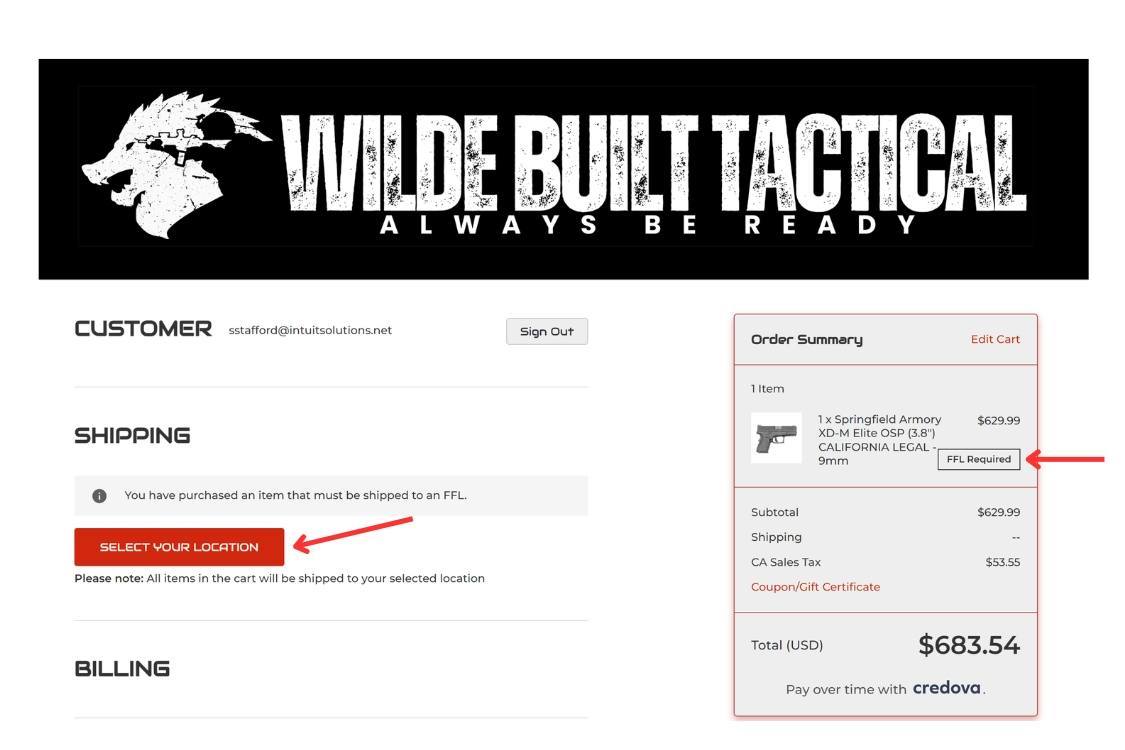 BigCommerce FFL Checkout Solution Checkout View - Select Your Location Option to Show FFL Dealers Nearby