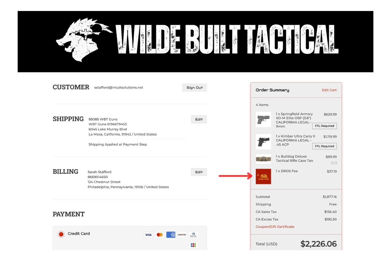 BigCommerce Checkout FFL Solution - Checkout view showing custom fees