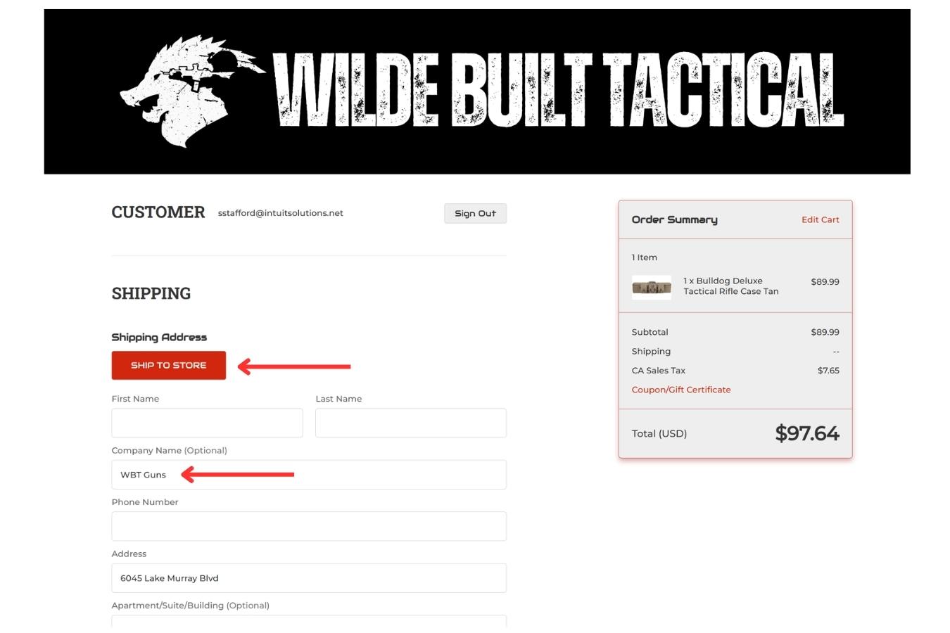 BigCommerce FFL Checkout Solution - Checkout View showing Ship to Store option for Non FFL Items with Shipping Address Autofill