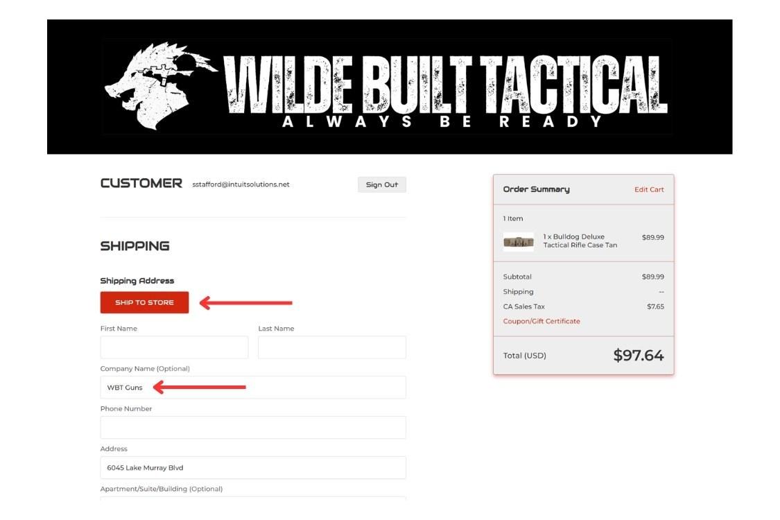 BigCommerce FFL Checkout Solution - Checkout View showing Ship to Store option for Non FFL Items with Shipping Address Autofill