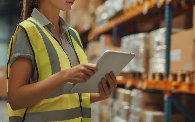 BigCommerce SAP Integration - Woman working in warehouse holding tablet by shelves of boxes