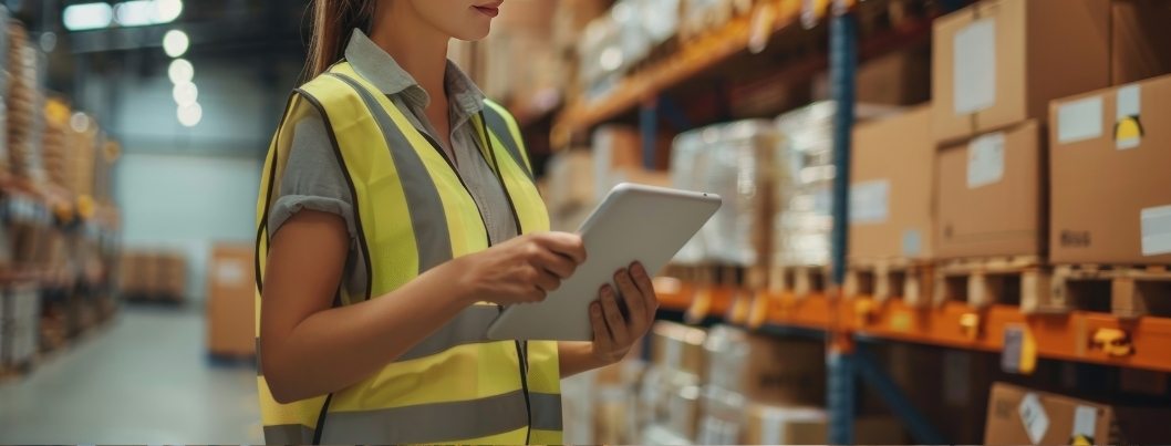 BigCommerce SAP Integration - Woman working in warehouse holding tablet by shelves of boxes