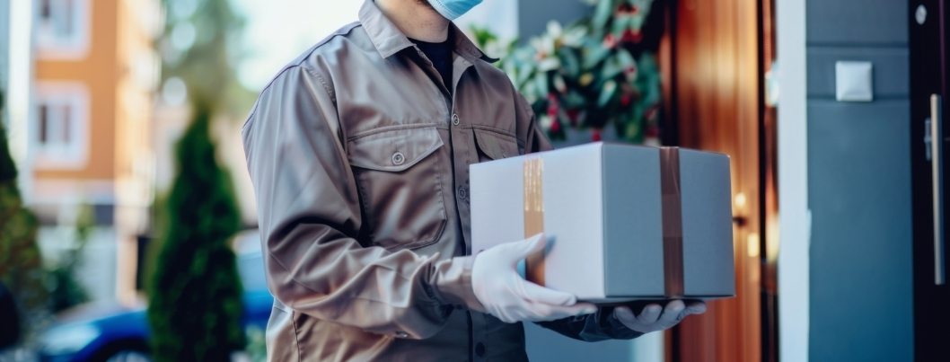 BigCommerce package protection - delivery person wearing gloves holding box at doorstep for delivery