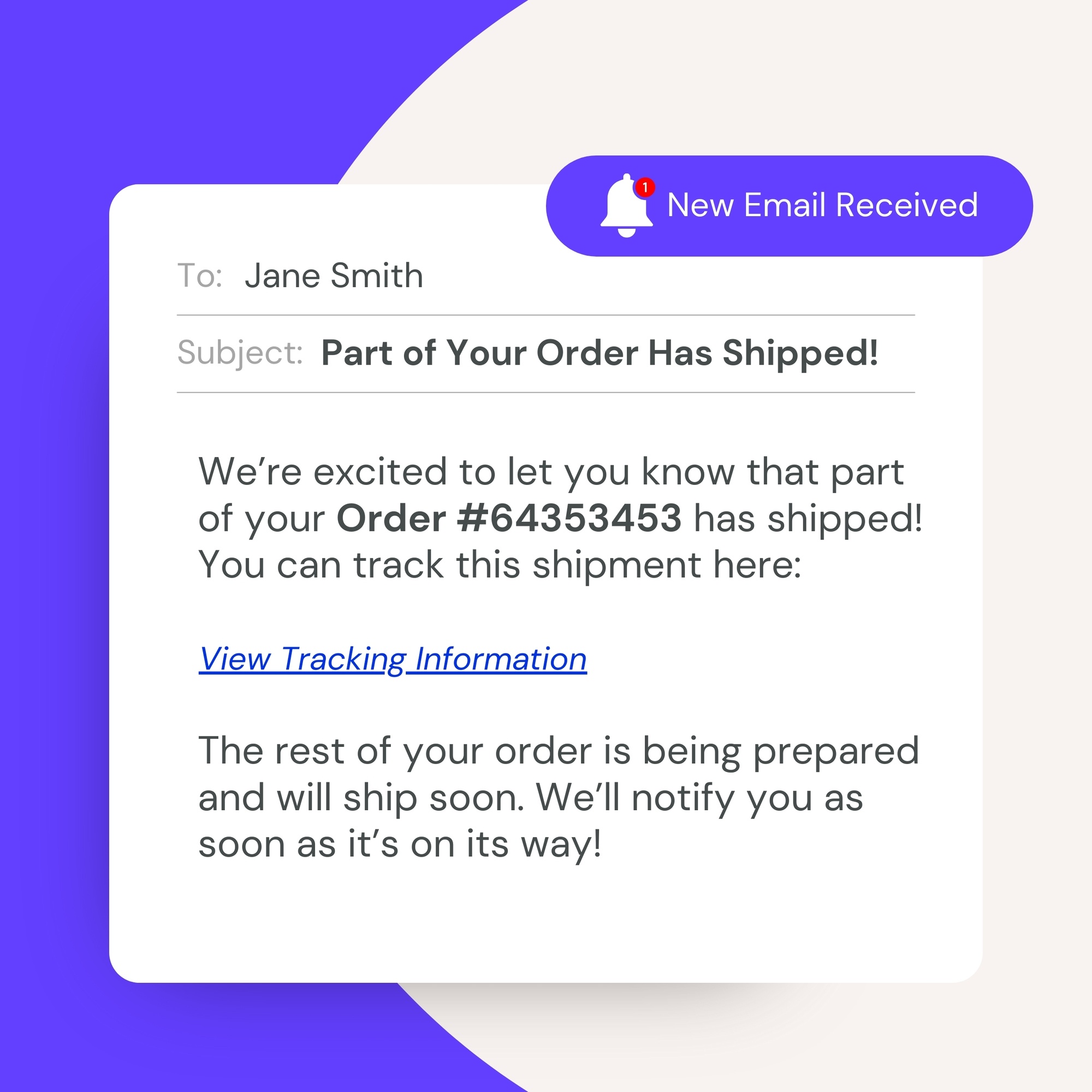 Sample of email showing that order has partially shipped - Custom BigCommerce Integration