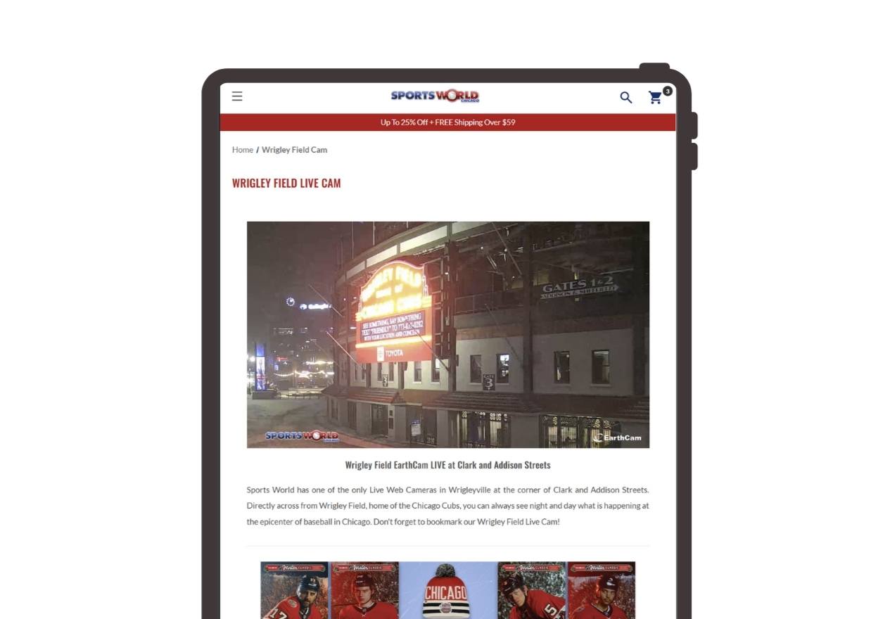 Tablet against white background showing live Wrigley Field Camera on SportsWorldChicago.com