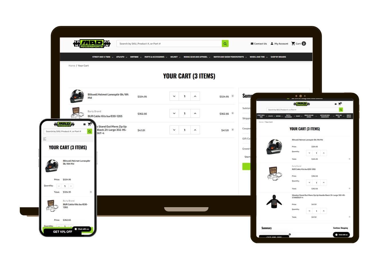 Device mockup for Madpowersports.com - Cart page - BigCommerce Design