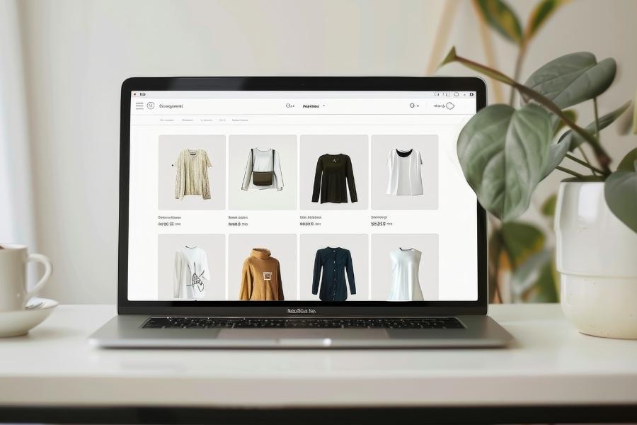 laptop open showing online shop fashion ecommerce - Shopify web design