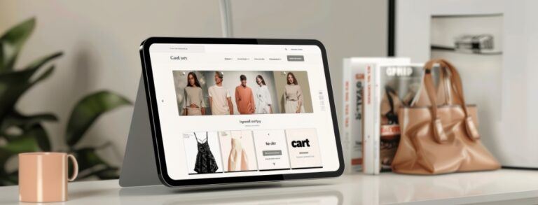 Online Shopping on Tablet Display for Fashion Products with Minimalist Desk Setup