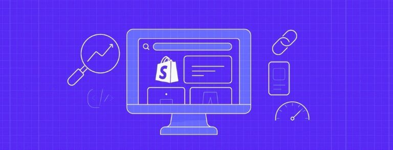 illustration of desktop screen with shopify logo, SEO concept, shopify seo